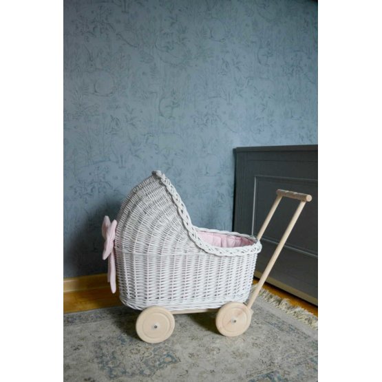 Wicker stroller for dolls - white-pink