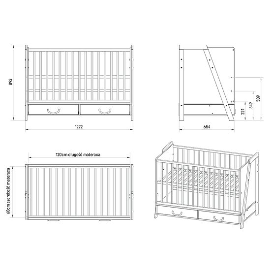 2-in-1 Crib and Desk CONE 120x60 - WHITE