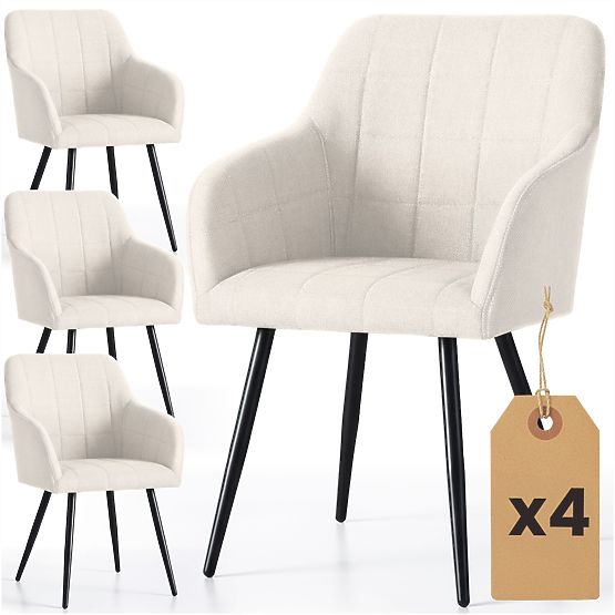 4x Upholstered Chair with Square Stitching Cream LUXANO Black Legs Lumos Fabric