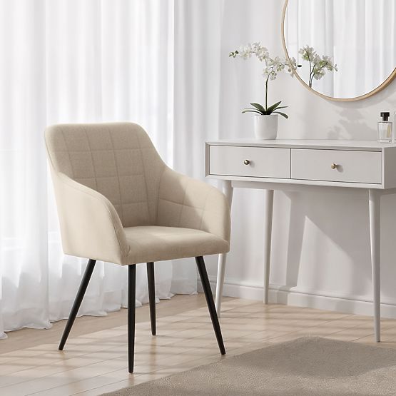 6x Upholstered Chair with Square Quilting Beige LUXANO Black Legs Lumos Fabric