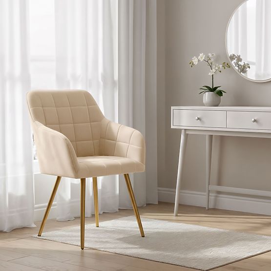 6x Upholstered Chair with Square Quilting Beige LUXANO Gold Legs
