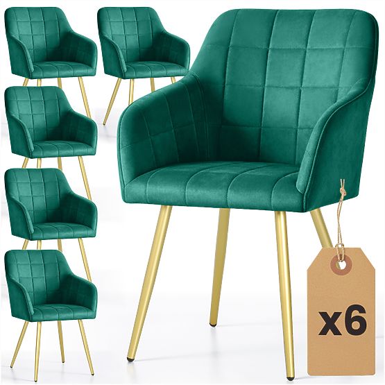6x Upholstered Chair with Square Quilting Emerald Green LUXANO Gold Legs