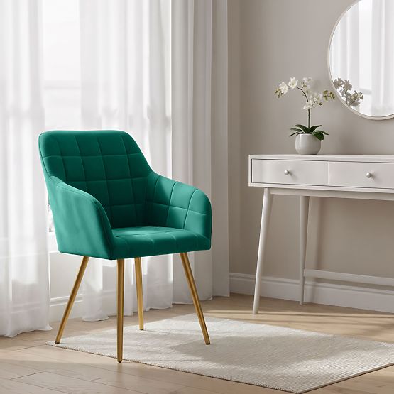 6x Upholstered Chair with Square Quilting Emerald Green LUXANO Gold Legs