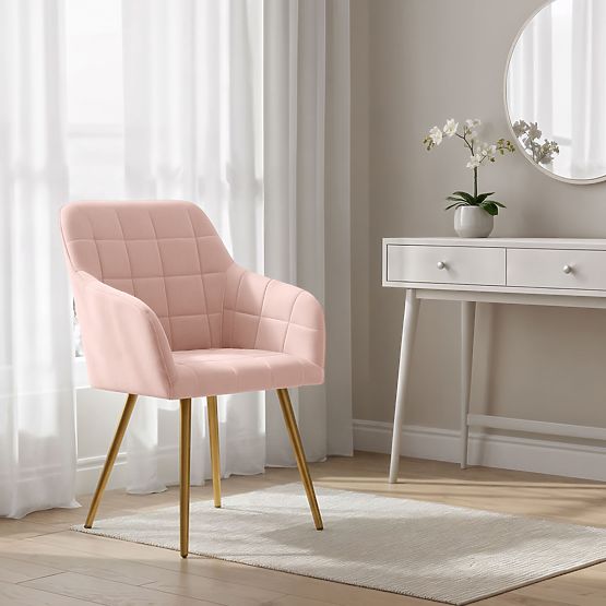 6x Upholstered Chair with Square Quilting Powder Pink LUXANO Gold Legs
