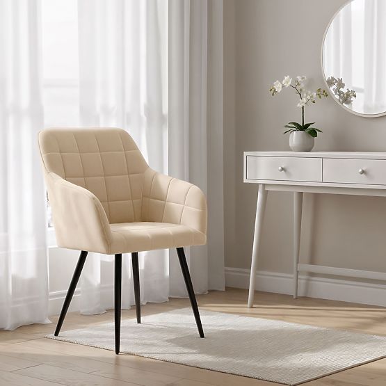 6x Upholstered Chair with Square Stitching Beige LUXANO Black Legs