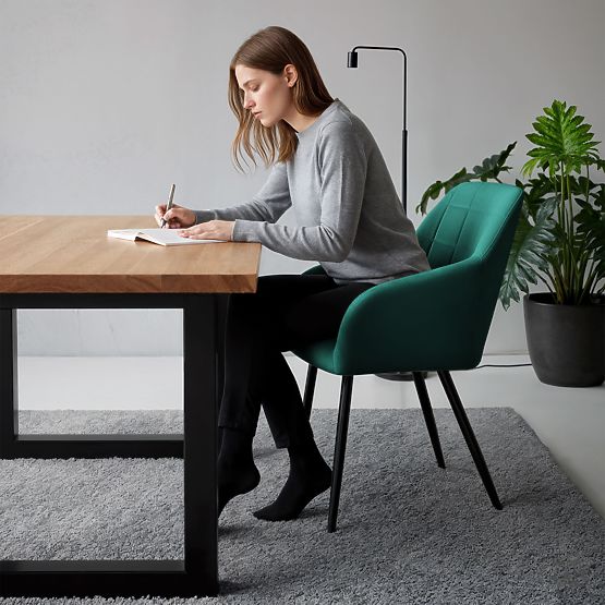 6x Upholstered Chair with Square Stitching Bottle Green LUXANO Black Legs