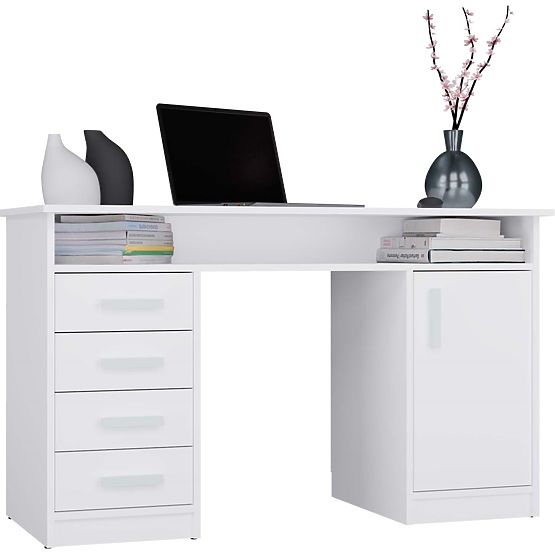ADA WHITE DESK 125 Cm 4 Drawers Cabinet Shelves for Office Room Laptop