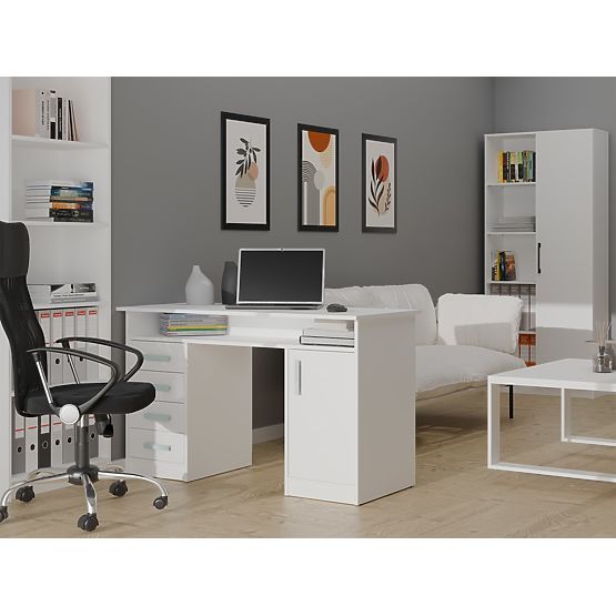 ADA WHITE DESK 125 Cm 4 Drawers Cabinet Shelves for Office Room Laptop