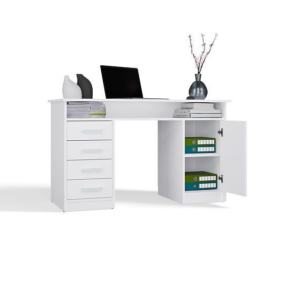 ADA WHITE DESK 125 Cm 4 Drawers Cabinet Shelves for Office Room Laptop