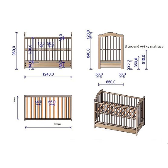 Cot Alek with pull-down side - natural
