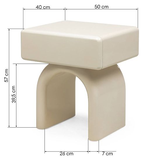 Bedside Table with Drawer Blush, Cream White, Glossy, Arched Shape