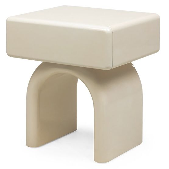 Bedside Table with Drawer Blush, Cream White, Glossy, Arched Shape