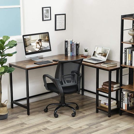 Brown Corner Computer Desk with Steel Frame and Two Shelves