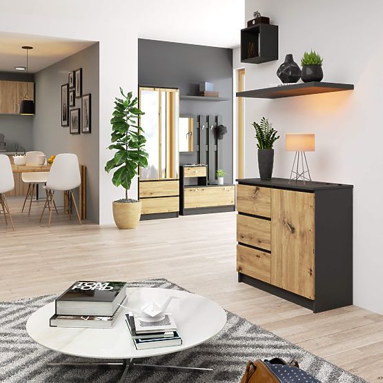 CHEST OF DRAWERS K80 JERRY 1D 3SZ PK GRAPHITE GRAY / ARTISAN OAK