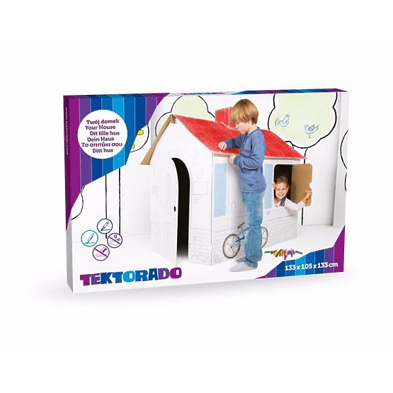 Children's cardboard house with a chimney