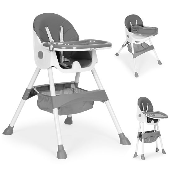 Children's High Chair with Tray, Basket, 5-Point Harness, Grey ECOTOYS