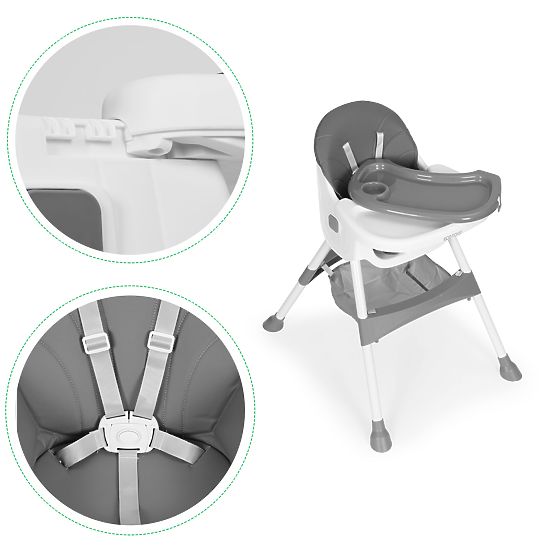 Children's High Chair with Tray, Basket, 5-Point Harness, Grey ECOTOYS