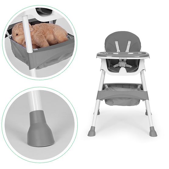 Children's High Chair with Tray, Basket, 5-Point Harness, Grey ECOTOYS