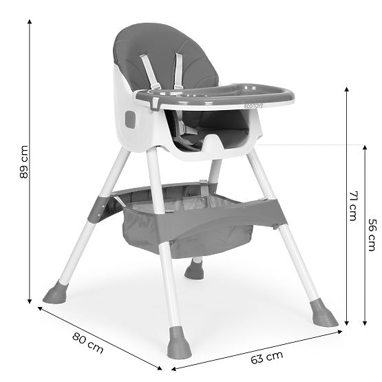 Children's High Chair with Tray, Basket, 5-Point Harness, Grey ECOTOYS