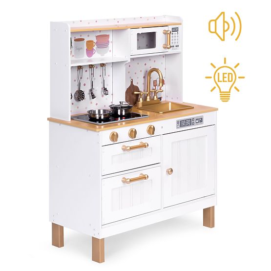 Children's Kitchen with Sounds and LED Wooden Large Opening Cabinets 7 Accessories ECOTOYS