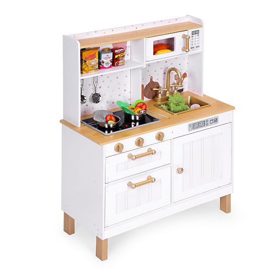 Children's Kitchen with Sounds and LED Wooden Large Opening Cabinets 7 Accessories ECOTOYS