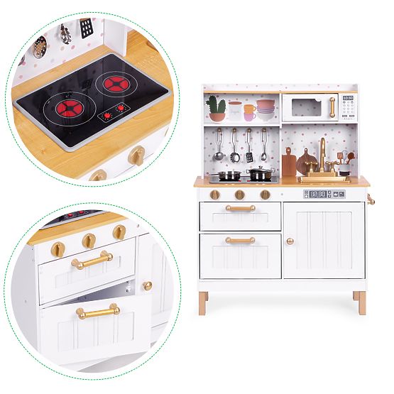 Children's Kitchen with Sounds and LED Wooden Large Opening Cabinets 7 Accessories ECOTOYS