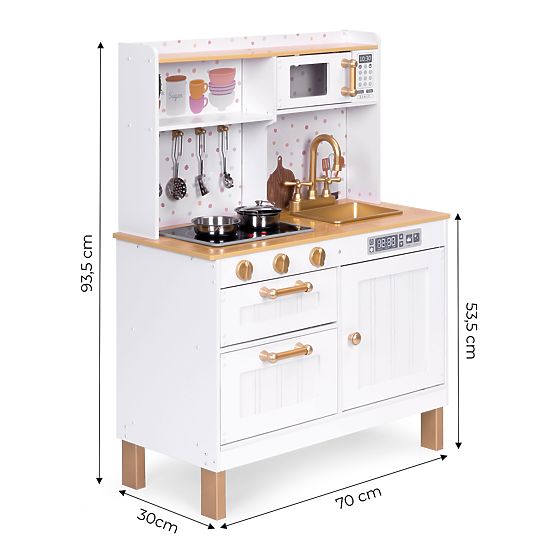 Children's Kitchen with Sounds and LED Wooden Large Opening Cabinets 7 Accessories ECOTOYS