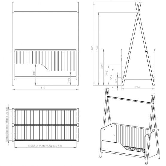 Children's Teepee Crib 140x70 cm (L) - White/Natural