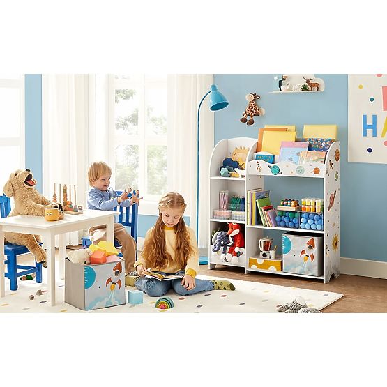 Children's Toy Shelf Cabinet with 5 Shelves, 2 Storage Boxes, and Book Compartments