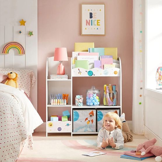 Children's Toy Shelf Cabinet with 5 Shelves, 2 Storage Boxes, and Book Compartments