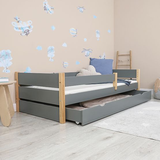 Children's Wooden Bed Scandie with Guardrail - Grey