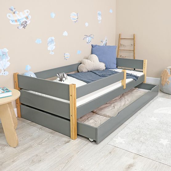 Children's Wooden Bed Scandie with Guardrail - Grey
