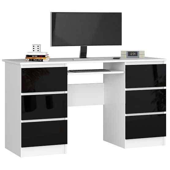 COMPUTER DESK A-11 135 cm 6 DRAWERS WHITE / BLACK GLOSS