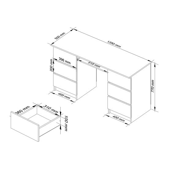 COMPUTER DESK A-11 135 cm 6 DRAWERS WHITE / BLACK GLOSS