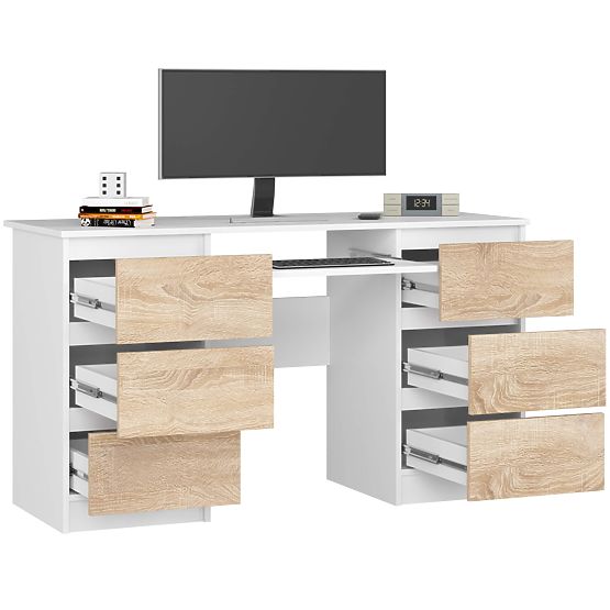 COMPUTER DESK A-11 135 cm 6 DRAWERS WHITE / SONOMA