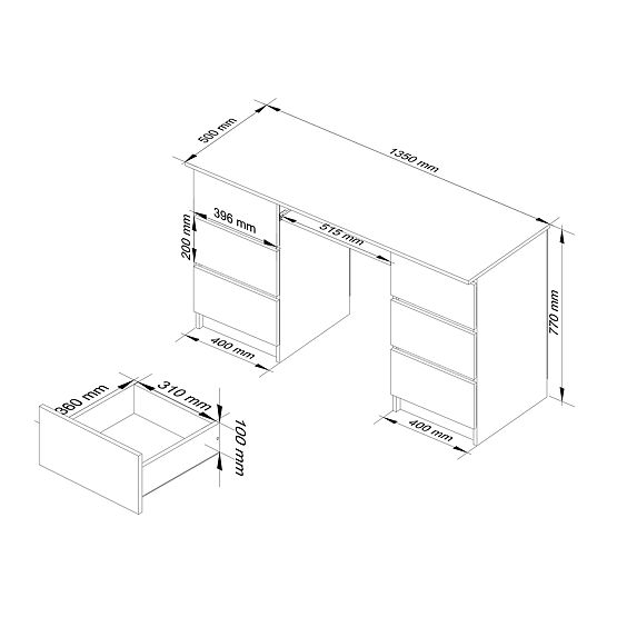 COMPUTER DESK A-11 135 cm 6 DRAWERS WHITE / SONOMA
