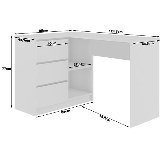 CORNER DESK B16 124 cm LEFT 3 DRAWERS WHITE / SONOMA OAK