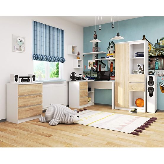 CORNER DESK B16 124 cm LEFT 3 DRAWERS WHITE / SONOMA OAK
