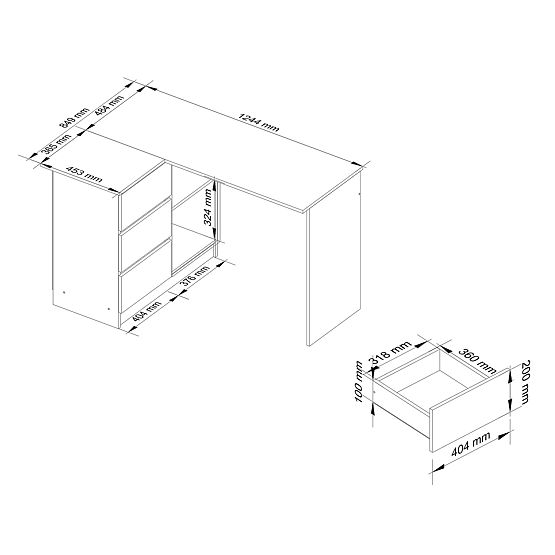 CORNER DESK B16 124 cm LEFT 3 DRAWERS WHITE / SONOMA OAK