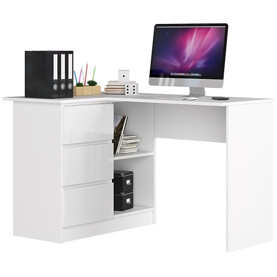 CORNER DESK B16 124 cm LEFT 3 DRAWERS WHITE / WHITE GLOSS