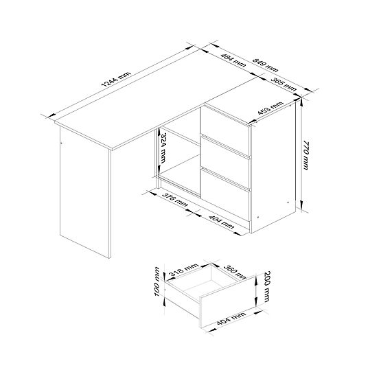 CORNER DESK B16 124 cm RIGHT 3 DRAWERS WHITE / BLACK GLOSS