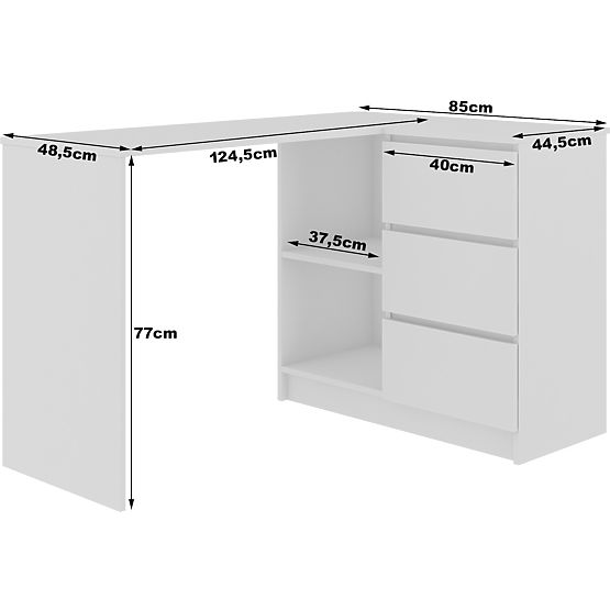 CORNER DESK B16 124 cm RIGHT 3 DRAWERS WHITE / BLACK GLOSS