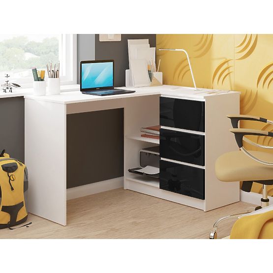 CORNER DESK B16 124 cm RIGHT 3 DRAWERS WHITE / BLACK GLOSS