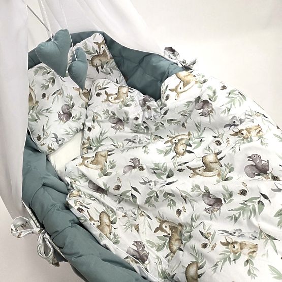 Cotton Green Bedding Set for Wicker Cradle - Forest Animals
