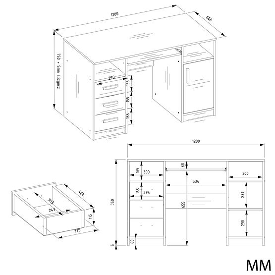 DELTA Desk Oak Artisan 120 cm 3 Drawers Cabinet Shelf for Office Room Laptop