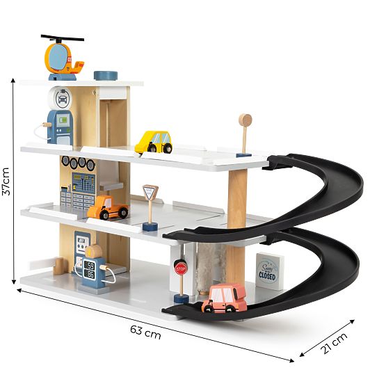 Large Wooden Garage with Elevator + Cars, Helicopter, Car Wash ECOTOYS