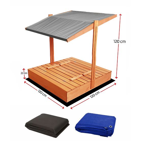 Closable Sandbox with Benches and Canopy 120 x 120 - Grey