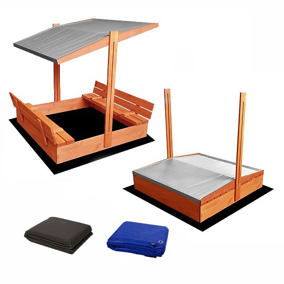 Closable Sandbox with Benches and Canopy 120 x 120 - Grey