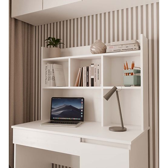 MIJAS Left Desk with Hutch Matte White 4 Drawers 4 Shelves for Office Room