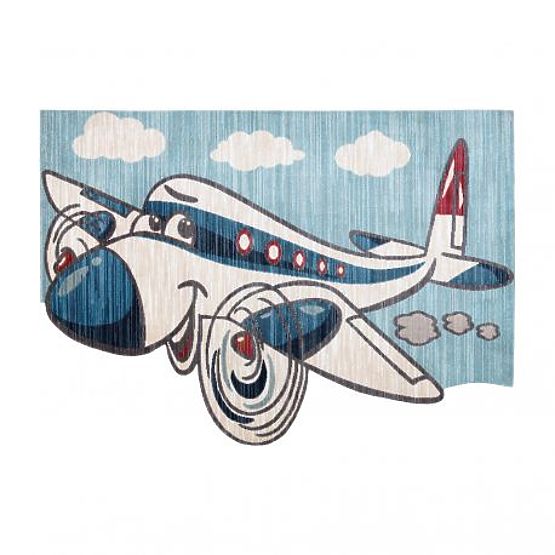 Modern Children's Rug TOYS 75320 AIRPLANE, 3D Effect, Irregular Shape, Blue, Turquoise, Cream